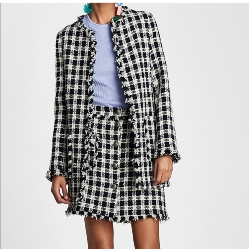Zara tweed blazer open front long line white black clueless preppy career S